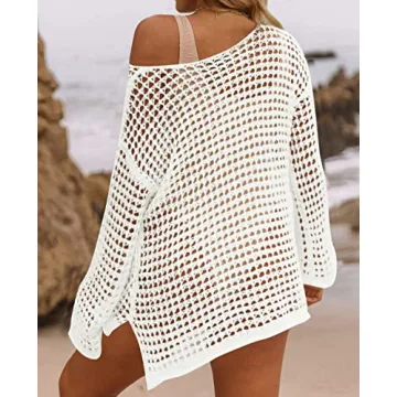 ZESICA Women's Summer Crochet Hollow Out Long Sleeve Beach Bikini Swimsuit Mesh Cover Up Tunic Top,Apricot,Small