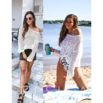 ZESICA Women's Summer Crochet Hollow Out Long Sleeve Beach Bikini Swimsuit Mesh Cover Up Tunic Top,Apricot,Small