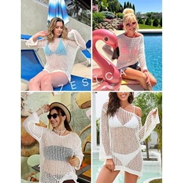 ZESICA Women's Summer Crochet Hollow Out Long Sleeve Beach Bikini Swimsuit Mesh Cover Up Tunic Top,Apricot,Small
