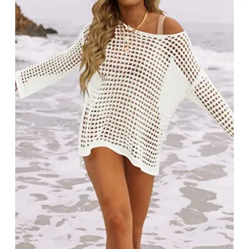 ZESICA Women's Summer Crochet Hollow Out Long Sleeve Beach Bikini Swimsuit Mesh Cover Up Tunic Top,Apricot,Small