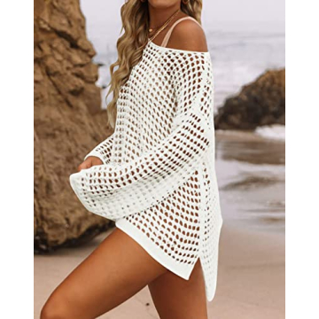 ZESICA Women's Summer Crochet Hollow Out Long Sleeve Beach Bikini Swimsuit Mesh Cover Up Tunic Top,Apricot,Small