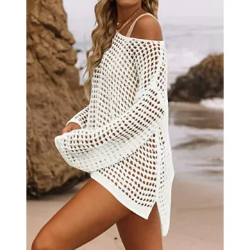 ZESICA Women's Summer Crochet Hollow Out Long Sleeve Beach Bikini Swimsuit Mesh Cover Up Tunic Top,Apricot,Small