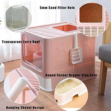 Hamiledyi Foldable Large Cat Litter Box Enclosed Cat Potty with Drawer Top Entry Type Anti-Splashing Cat Toilet with Lid and Cat Litter Scoop No Smell Cat Supplies for Cats and Kittens-Pink