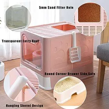 Hamiledyi Foldable Large Cat Litter Box Enclosed Cat Potty with Drawer Top Entry Type Anti-Splashing Cat Toilet with Lid and Cat Litter Scoop No Smell Cat Supplies for Cats and Kittens-Pink