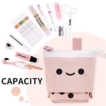 ANGOOBABY Standing Pencil Case Cute Telescopic Pen Holder Kawaii Stationery Pouch Makeup Cosmetics Bag for School Students Office Women Teens Girls Boys Christmas Gift (Pink)