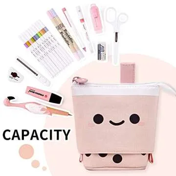 ANGOOBABY Standing Pencil Case Cute Telescopic Pen Holder Kawaii Stationery Pouch Makeup Cosmetics Bag for School Students Office Women Teens Girls Boys Christmas Gift (Pink)