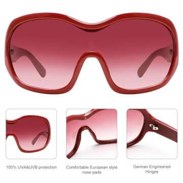 Oversized Trendy Wrap Around Sunglasses for Women Men - Cool Concert shades 2000s Retro Round Big Shield Glasses (Red)