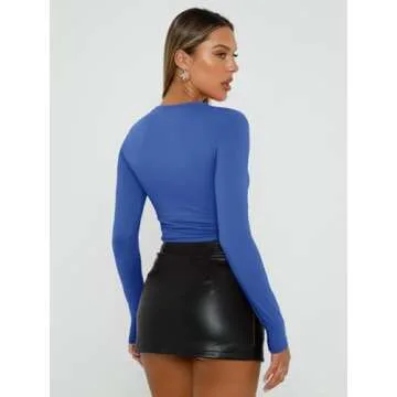 Trendy Queen Womens Long Sleeve Shirts Basic Tees Crop Tops Going Out Spring 2025 Workout Outfits Y2k Clothes Royal Blue XS