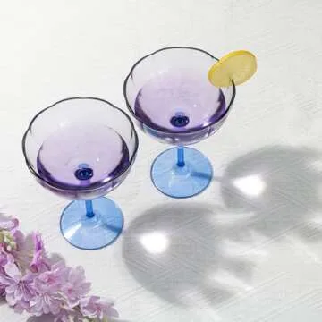 Flower Martini Glasses Set 6 Purple Plastic Margarita Glasses Blue Cocktail Glasses Floral Drinking Glasses Unique Martini Glasses Colorful Glassware Cute Glasses Vintage Wine Glasses For Wedding