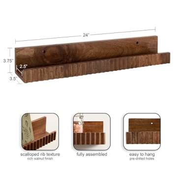 Kate and Laurel Furrow Modern Wood Photo Display Ledges, Set of 2, 24 Inches, Walnut Brown, Scalloped Floating Picture Ledge Shelf Set with Lip for Use as Nursery Book Shelves or Gallery Wall Decor