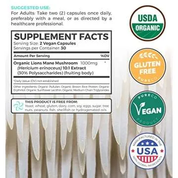 USDA Organic Lions Mane Capsules - 10:1 Extract for Memory & Focus - 60 Vegan Capsules