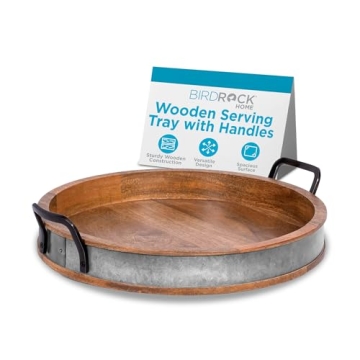 BIRDROCK HOME Large Round Wooden Serving Tray with Handles & Iron Accents - Round Barrel Tray for Li...