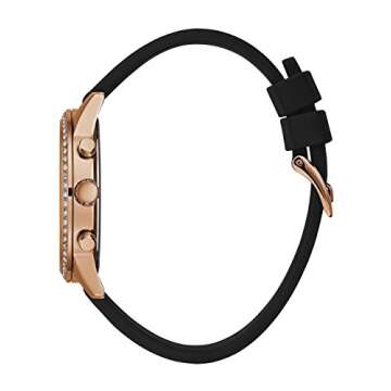 GUESS Comfortable Rose Gold-Tone + Black Stain Resistant Silicone Watch with Day, Date + 24 Hour Military/Int'l Time. Color: Black (Model: U1135L4)