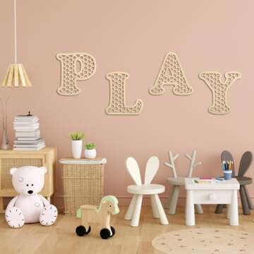 RattanView Wooden Play Rattan Letters Set Playroom Decor Boho Wall Signs Play Wooden Rattan Letters Wall Decor for Playroom Art Nursery Room Decorations(Wood Color)