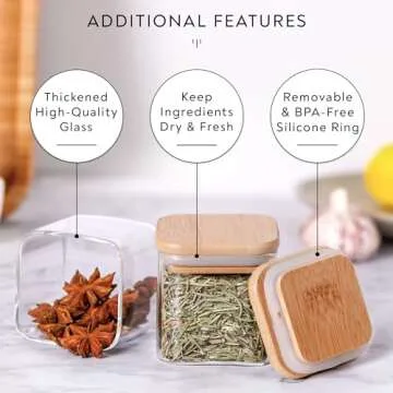 Laramaid 5oz 12Packs Glass Jars Set with Minimalist Spice Labels, Square Spice Jars with Bamboo Lids and White Vinyl Customized Sticker Labels, Food Storage Container Canisters