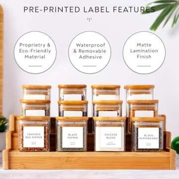Laramaid 5oz 12Packs Glass Jars Set with Minimalist Spice Labels, Square Spice Jars with Bamboo Lids and White Vinyl Customized Sticker Labels, Food Storage Container Canisters