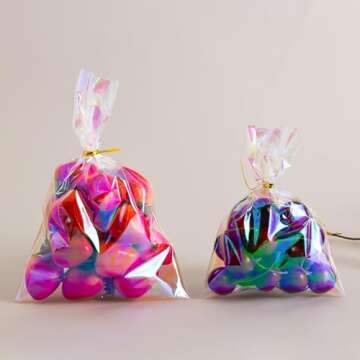 Morepack Easter Iridescent Holographic Cellophane Bags,5x7 Inch 100 Pieces Party Favor Treat Bags with 5 Colors Twist Ties for Weddings Birthday Party