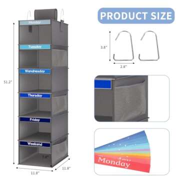 Fixwal 6-Shelf Weekly Clothes Organizer for Kids, Kids Daily Shelf Hanging Closet Organizer with 6 Side Pockets, Days of The Week Hanging Storage Shelves (Dark Grey)