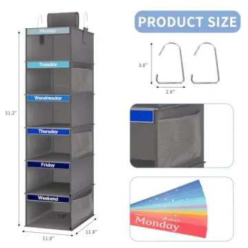 Fixwal 6-Shelf Weekly Clothes Organizer for Kids, Kids Daily Shelf Hanging Closet Organizer with 6 Side Pockets, Days of The Week Hanging Storage Shelves (Dark Grey)