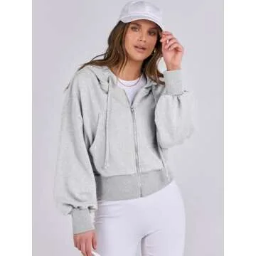 ANRABESS Women's Zip Up Hoodies Cropped Sweatshirts Casual Zip Jackets 2025 Fashion Trendy Spring Outfits Grey Medium