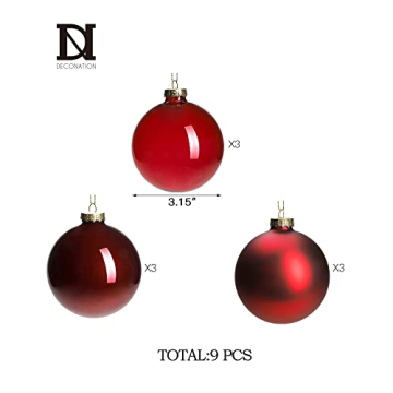 DN DECONATION Deep Red Glass Christmas Ball Ornaments Set of 9