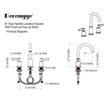 Derengge LFS-0188-MT 8 Inch Two Handle Widespread Bathroom Sink Faucet with Pop up Drain, Meets UPC cUPC NSF AB1953, Matte Black
