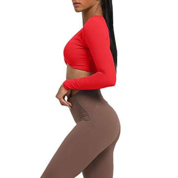 Aoxjox Long Sleeve Crop Tops for Women Sienna Twist Deep V Workout Cropped T Shirt Top (Racing Red, Large)
