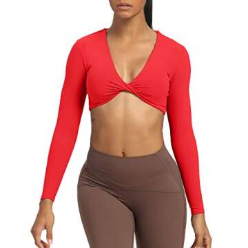 Aoxjox Long Sleeve Crop Tops for Women Sienna Twist Deep V Workout Cropped T Shirt Top (Racing Red, Large)