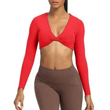 Aoxjox Long Sleeve Crop Tops for Women Sienna Twist Deep V Workout Cropped T Shirt Top (Racing Red, Large)