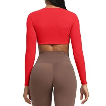 Aoxjox Long Sleeve Crop Tops for Women Sienna Twist Deep V Workout Cropped T Shirt Top (Racing Red, Large)