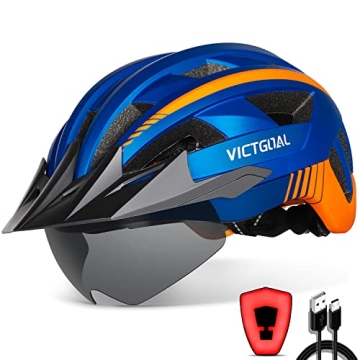 VICTGOAL Bike Helmet with USB Rechargeable Rear Light and Magnetic Goggles for Men Women Adult
