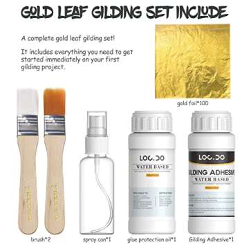 Gold Leaf Kit, Gilding Adhesive 200ml Set, Water Based Adhesive and Protective Varnish Whit Gold Lea...