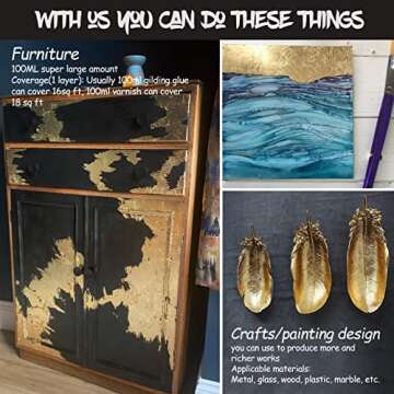 Gold Leaf Kit, Gilding Adhesive 200ml Set, Water Based Adhesive and Protective Varnish Whit Gold Leaf Sheet 100 pc, for Craft Supplies, Painting, Resin Arts Furniture and Decoration
