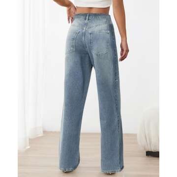 Womens Rhinestone Jeans High Waist Sright Leg Y2K Denim Pants Vintage Wash Trousers Streetwear Blue