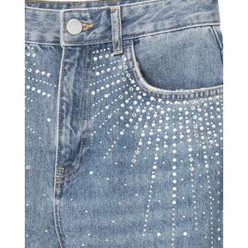 Womens Rhinestone Jeans High Waist Sright Leg Y2K Denim Pants Vintage Wash Trousers Streetwear Blue