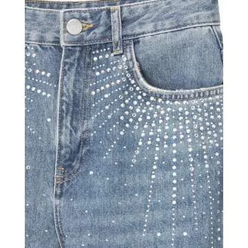 Womens Rhinestone Jeans High Waist Sright Leg Y2K Denim Pants Vintage Wash Trousers Streetwear Blue
