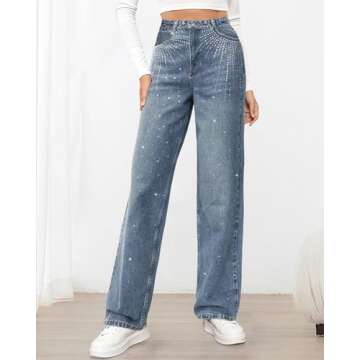 Womens Rhinestone Jeans High Waist Sright Leg Y2K Denim Pants Vintage Wash Trousers Streetwear Blue
