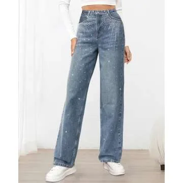 Womens Rhinestone Jeans High Waist Sright Leg Y2K Denim Pants Vintage Wash Trousers Streetwear Blue