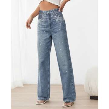 Womens Rhinestone Jeans High Waist Sright Leg Y2K Denim Pants Vintage Wash Trousers Streetwear Blue