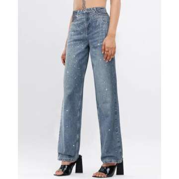 Womens Rhinestone Jeans High Waist Sright Leg Y2K Denim Pants Vintage Wash Trousers Streetwear Blue