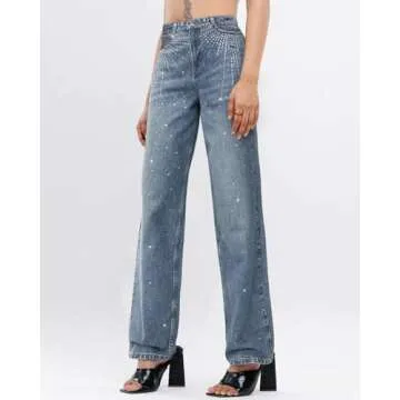 Womens Rhinestone Jeans High Waist Sright Leg Y2K Denim Pants Vintage Wash Trousers Streetwear Blue