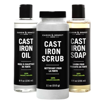 CARON & DOUCET - Ultimate Cast Iron Set: Seasoning Oil, Cleaning Soap & Restoring Scrub | 100% Plant...