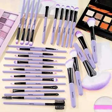 Yuwaku Makeup Brush 32pcs, Purple Professional Make Up Brushes Set with Soft Bristles Kabuki Foundation Powder Eyeshadow Eyeliner Blush Concealer Brush with Travel Makeup Bag (Purple)