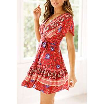 R.Vivimos Women's Summer Short Sleeve Casual Bohemian Beach Ruffle Floral Print Bow Tie Short Sun Dress (Small, Red)