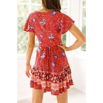 R.Vivimos Women's Summer Short Sleeve Casual Bohemian Beach Ruffle Floral Print Bow Tie Short Sun Dress (Small, Red)