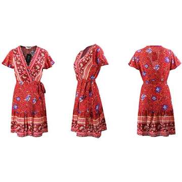 R.Vivimos Women's Summer Short Sleeve Casual Bohemian Beach Ruffle Floral Print Bow Tie Short Sun Dress (Small, Red)