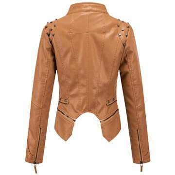 chouyatou Women's Fashion Studded Perfectly Shaping Faux Leather Biker Jacket (Medium, Brown)