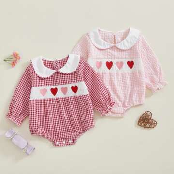 Rarjuiey My First Valentines Day Baby Girl Outfits Newborn Smocked Bubble Romper Plaid Heart Bodysuit Valentines Day Clothes (Pink, 18-24 Months)