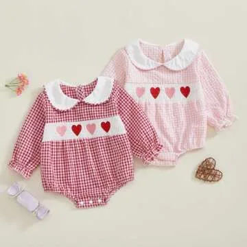 Rarjuiey My First Valentines Day Baby Girl Outfits Newborn Smocked Bubble Romper Plaid Heart Bodysuit Valentines Day Clothes (Pink, 18-24 Months)