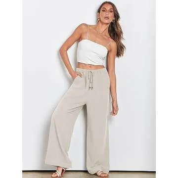 ANRABESS Womens Linen Palazzo Pants Summer Flowy Wide Leg Drawstring Casual Trousers with Pockets Beach Vacation Outfits Large Apricot